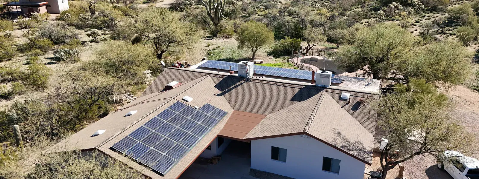 Aerial drone view of completed roof by Blueprint Home Services in Tucson, AZ
